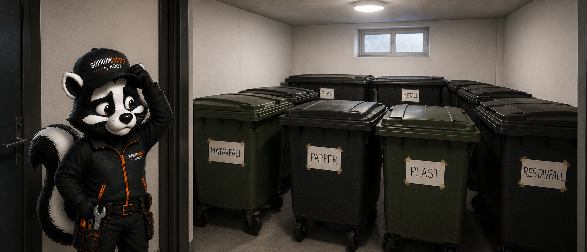 Trångt soprum med många sorteringskärl